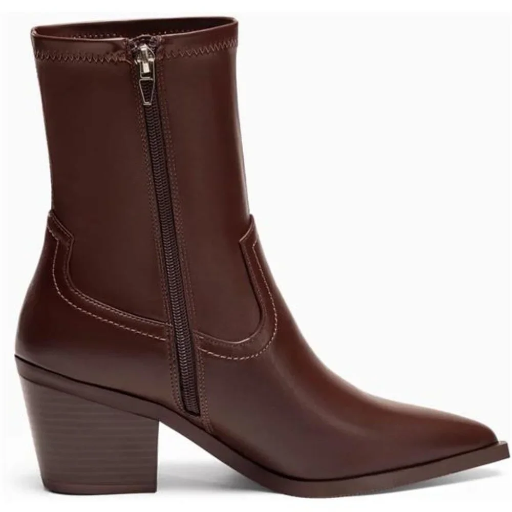 Womens Pointed Toe Ankle Boots Chunky Stacked Heel Side Zipper Leather - Picture 5 of 7